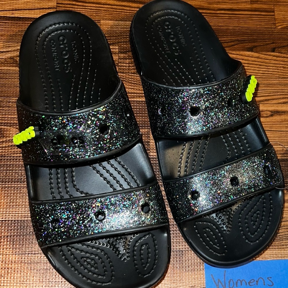 Crocs black sparkly sparkle slides sandals brand new size 7